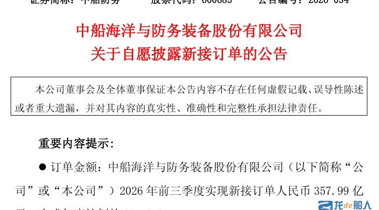 中船防务前三季度新接订单357.99亿元